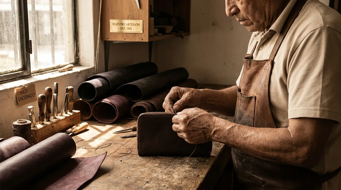 Artesano de lujo trabajando cuero hecho a mano para producto high end