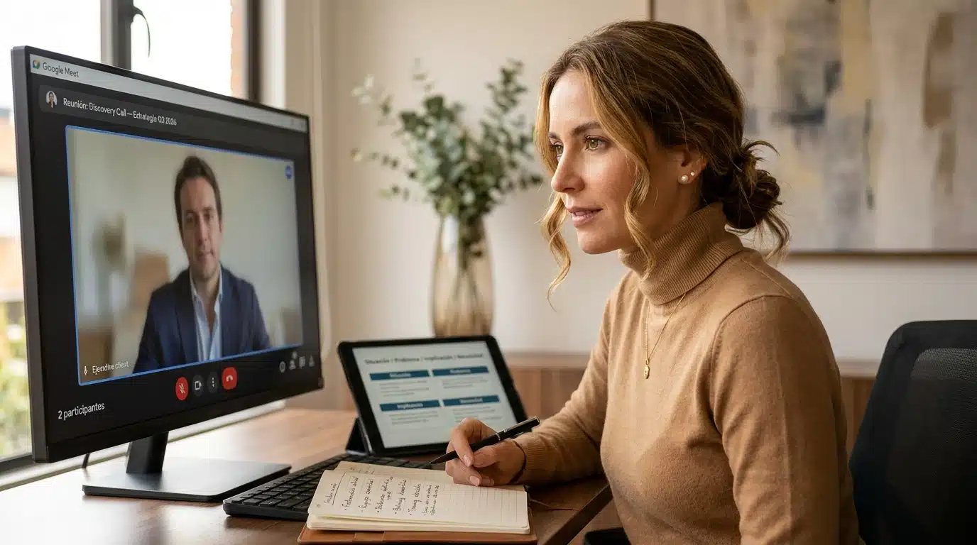 Discovery call estratégica con metodología SPIN aplicada por consultora colombiana en videollamada con cliente high-ticket