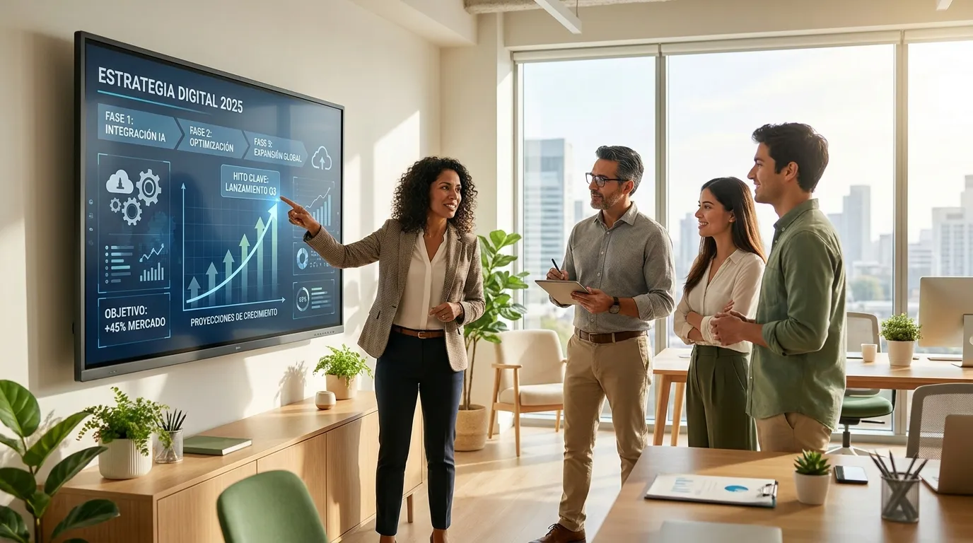 Equipo empresarial latinoamericano trabajando en estrategia de transformación digital
