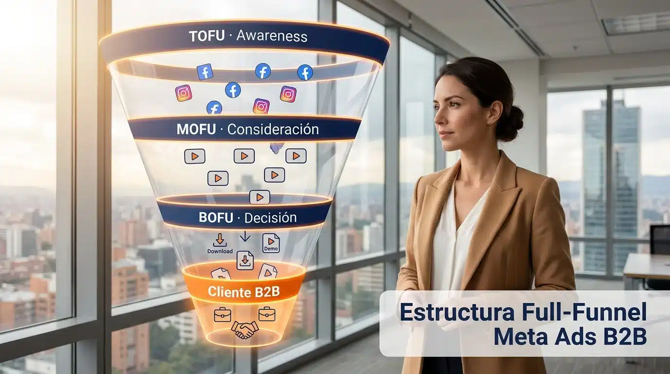 Embudo Full-Funnel Meta Ads B2B 2026 con TOFU, MOFU, BOFU y conversión cliente