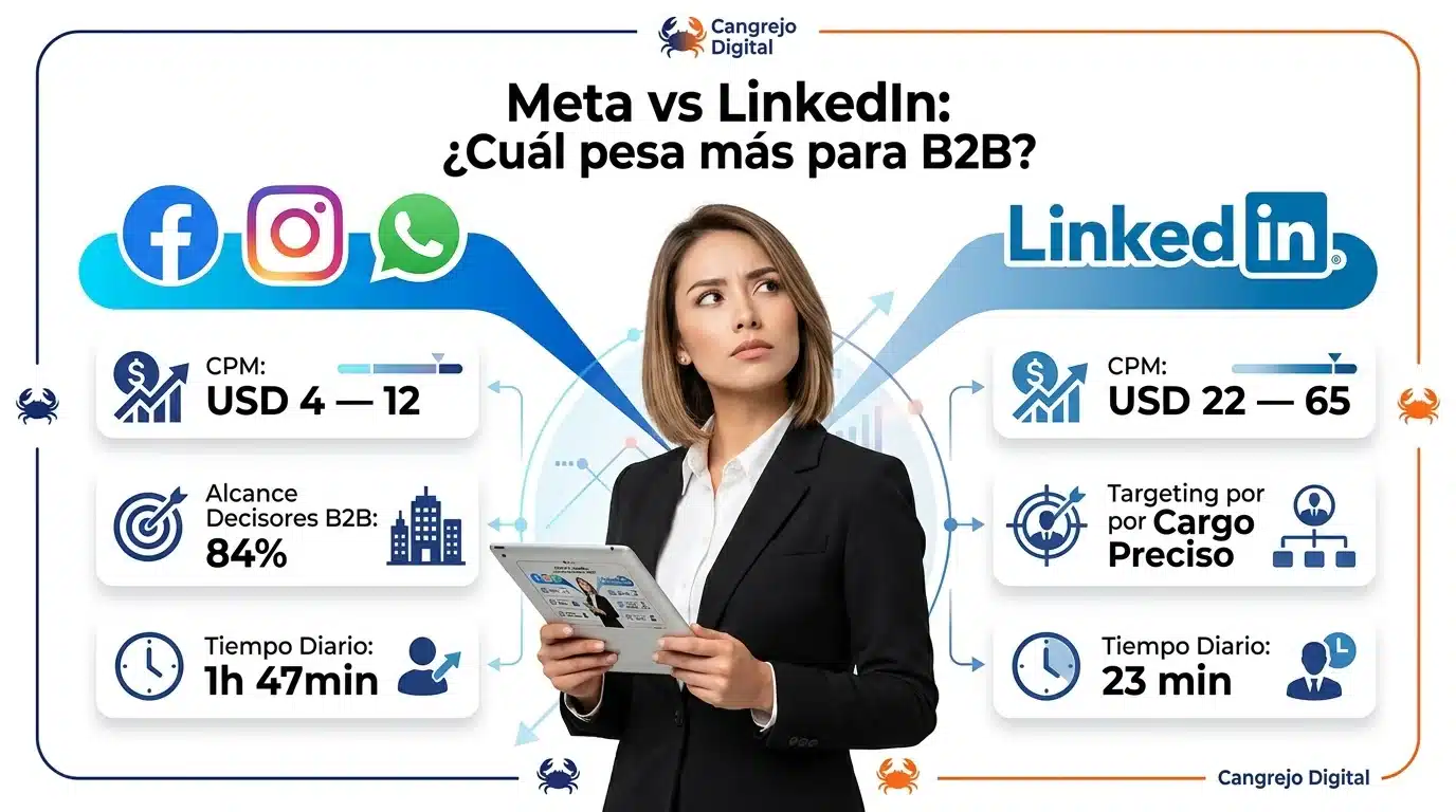 Comparativa Meta vs LinkedIn para B2B en Colombia 2026: CPM, alcance y tiempo de uso