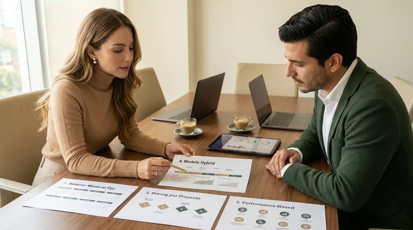 Reunión de dos profesionales analizando los 4 modelos de pricing de agencias de marketing digital en Colombia