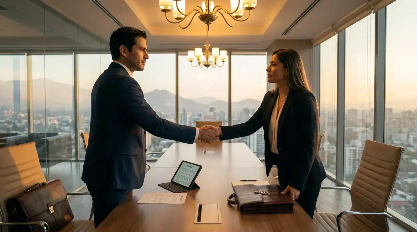 Reunión de ejecutivos cerrando negocio high ticket con confianza y autoridad