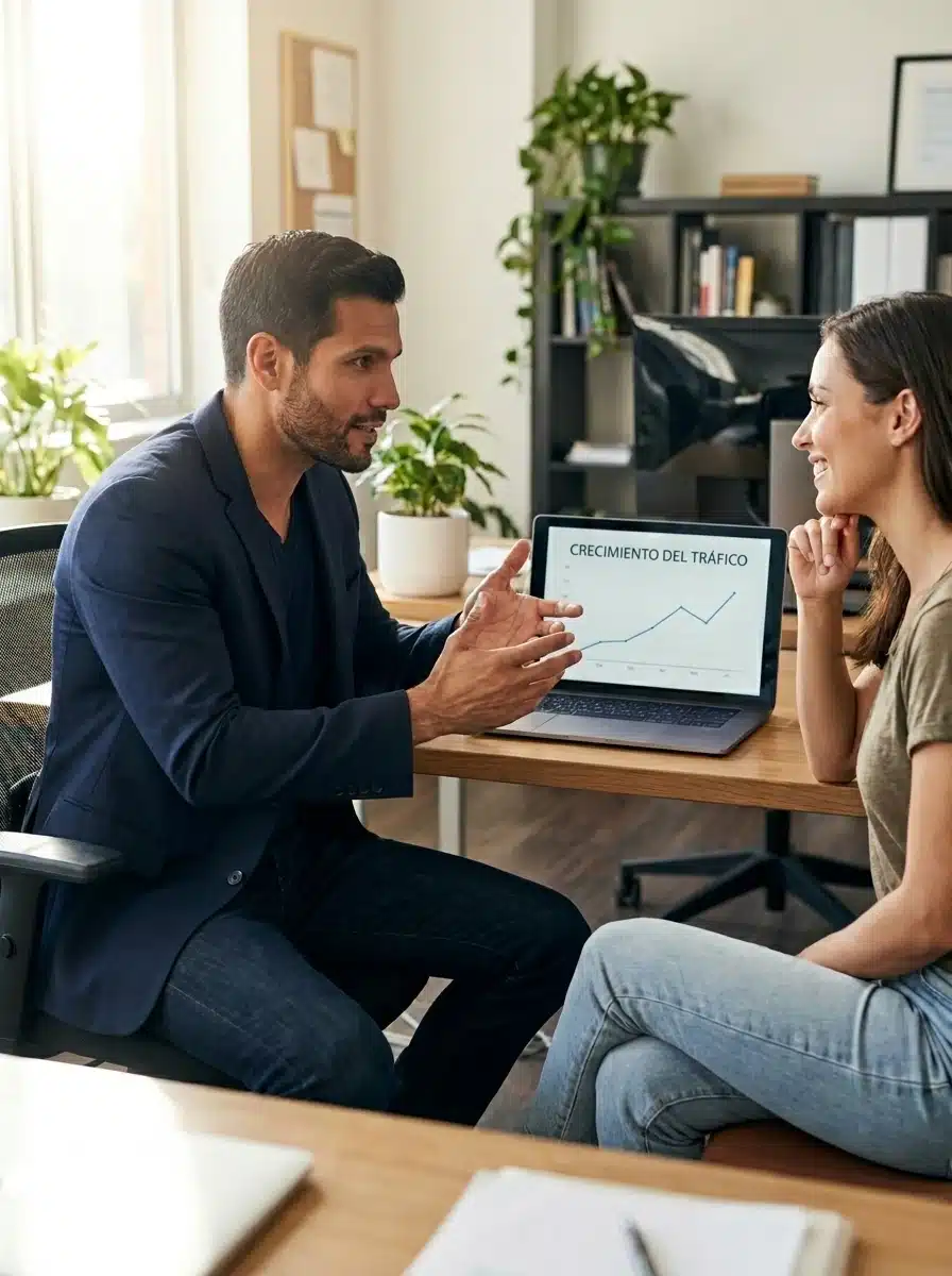 Especialista SEO de Cangrejo Digital mostrando resultados de posicionamiento a un cliente en Colombia