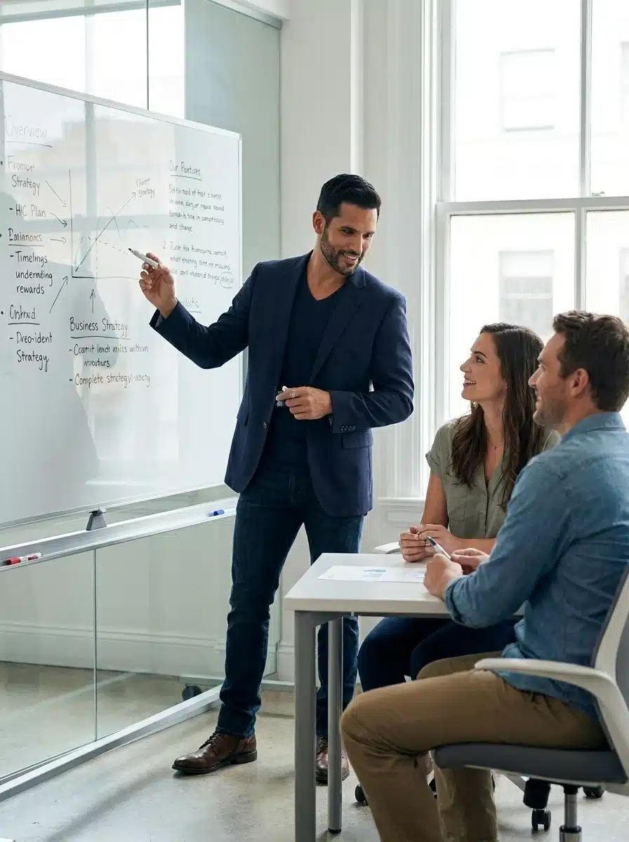 Consultor de marketing digital de Cangrejo Digital explicando la estrategia a un equipo en Colombia