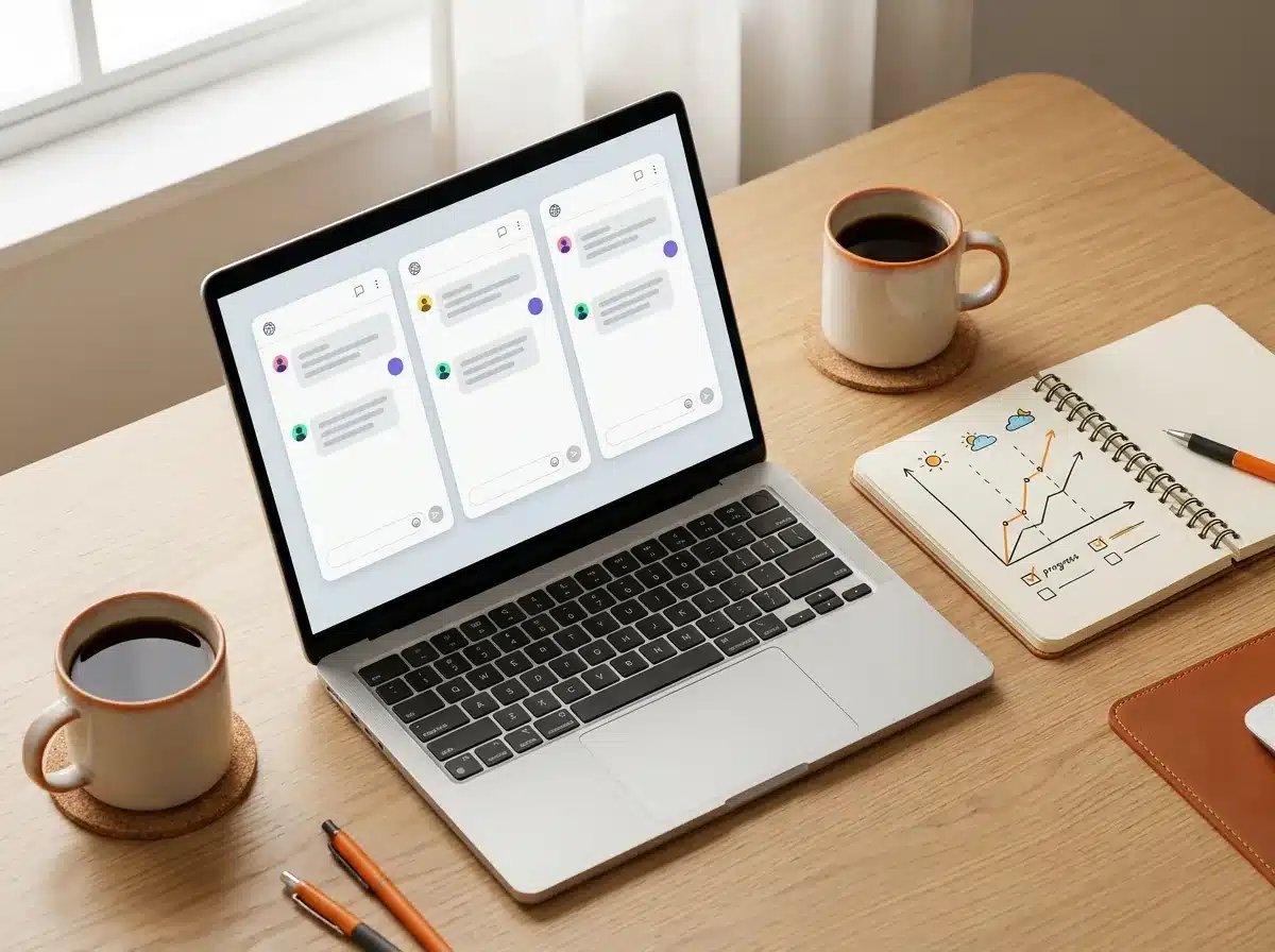 Laptop con tres chats de IA abiertos y una libreta de seguimiento: el método manual para medir tu visibilidad en IA