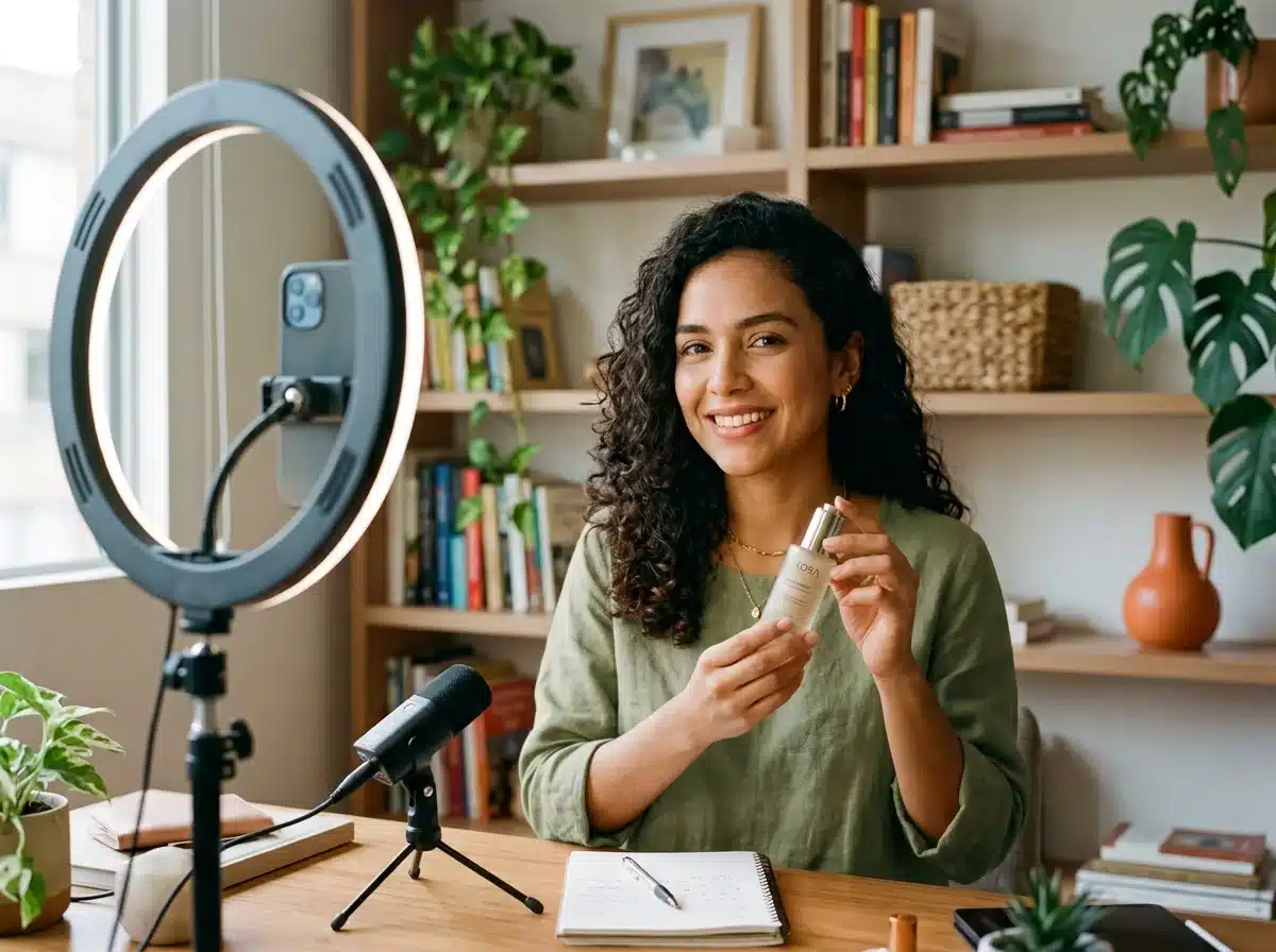 Creadora de contenido grabando un producto a cámara para un anuncio