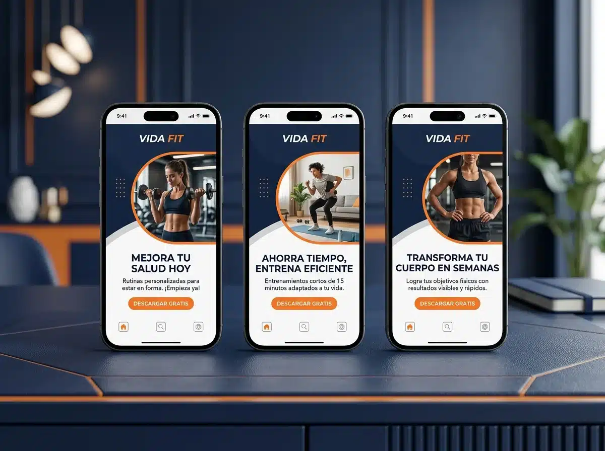Tres versiones del mismo anuncio mostradas en tres celulares alineados