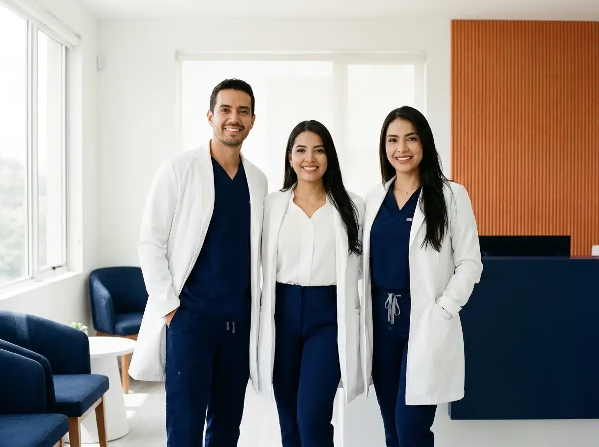 Equipo de una clínica de medicina estética en Colombia posando en su consultorio