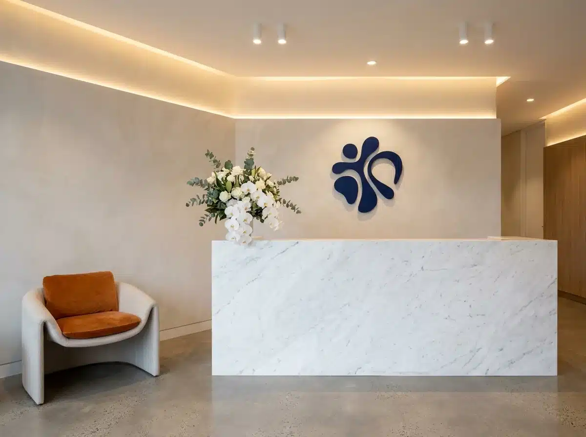 Recepción de una clínica estética de lujo con acentos en naranja y azul navy
