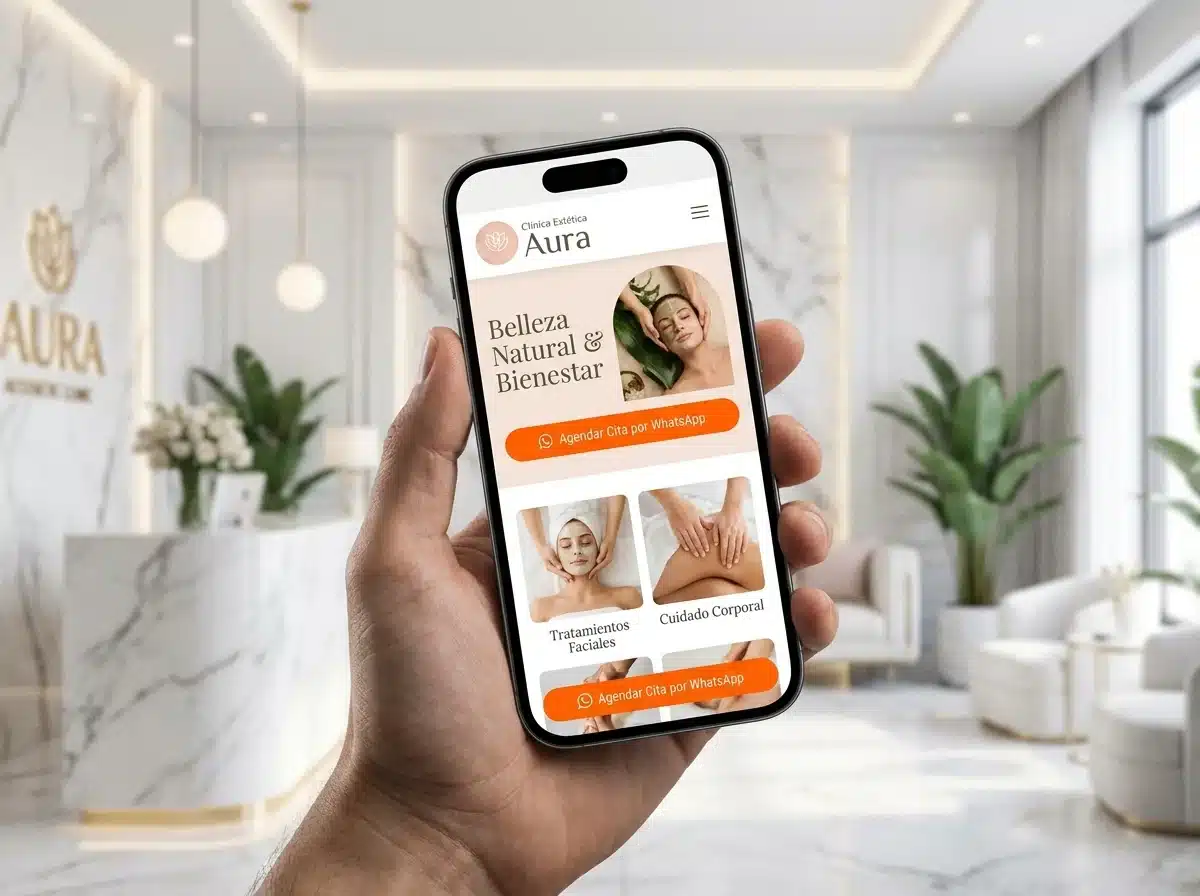 Página web de una clínica estética con botón de WhatsApp para agendar, vista en un celular