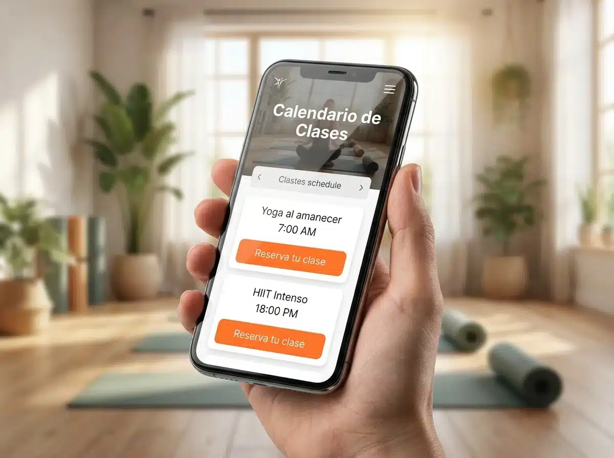 App de un gimnasio con reserva de clases y botón para agendar en un celular