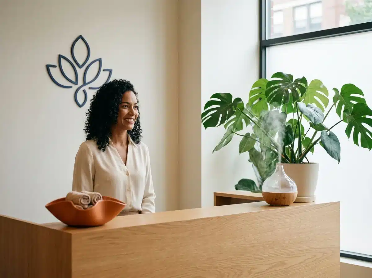 Recepción de un spa y centro de bienestar premium con una recepcionista sonriendo