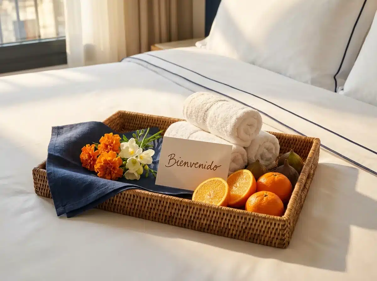 Detalle de bienvenida en la habitación de un hotel con frutas, flores y una nota