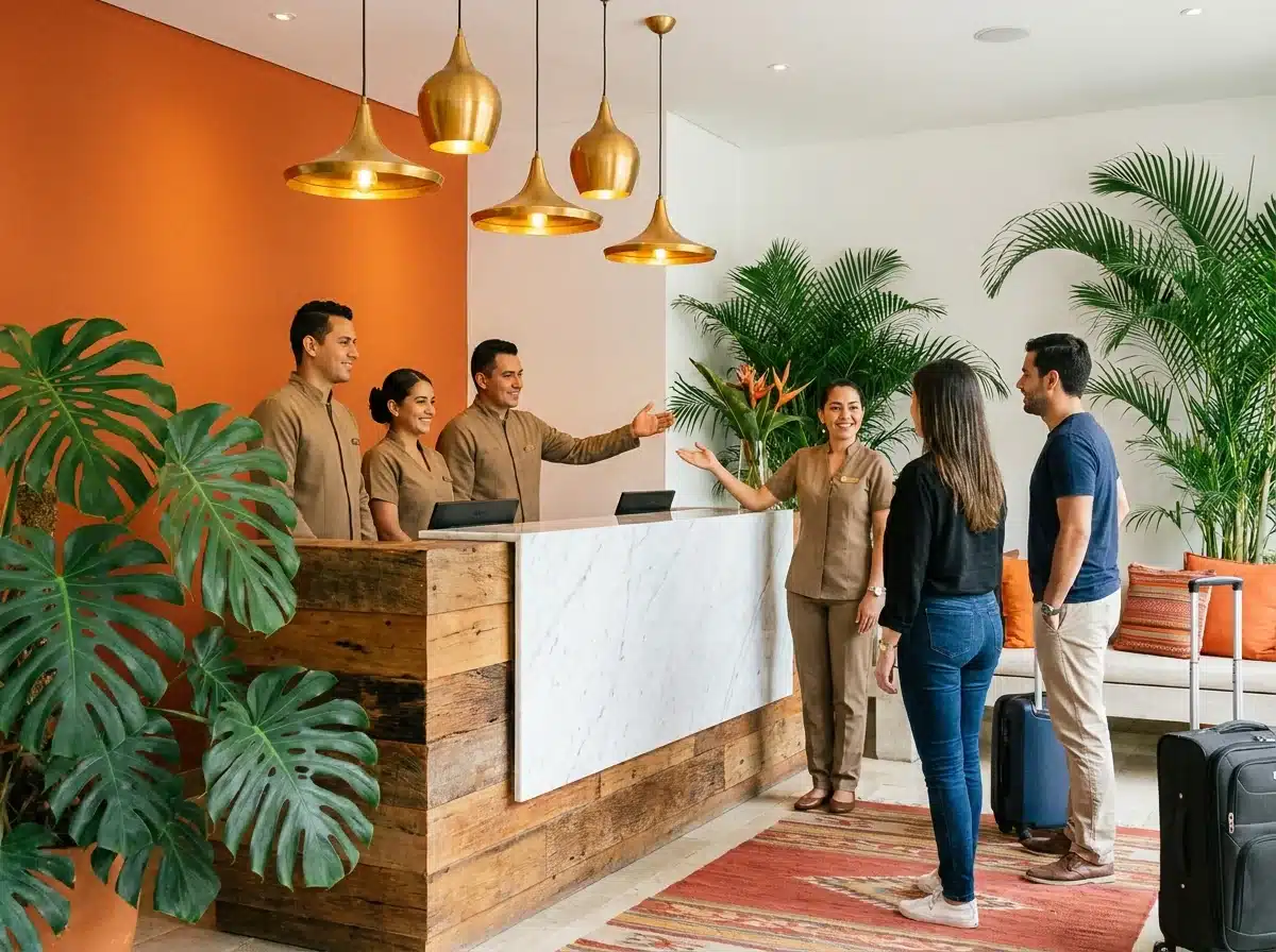 Lobby de un hotel boutique con recepción elegante y personal dando la bienvenida