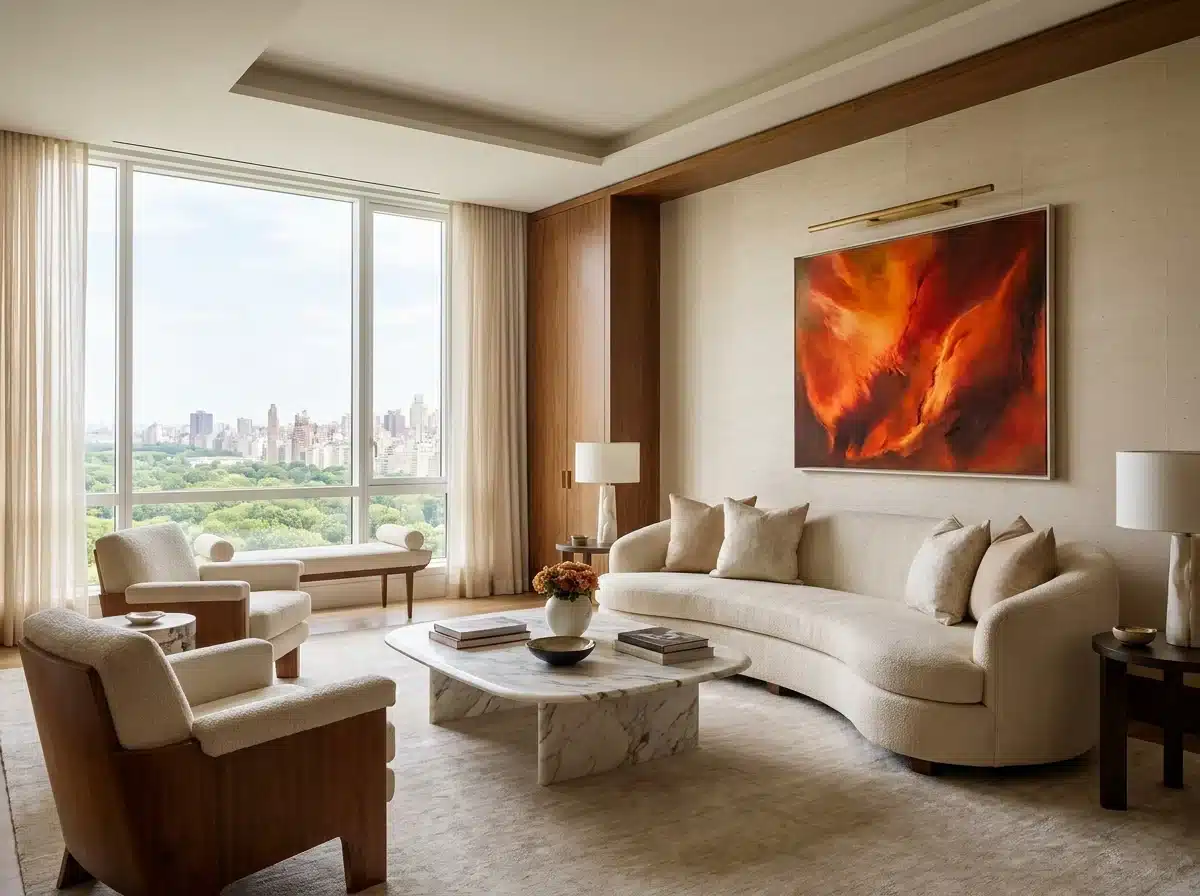 Interior de un apartamento modelo de lujo iluminado en Colombia