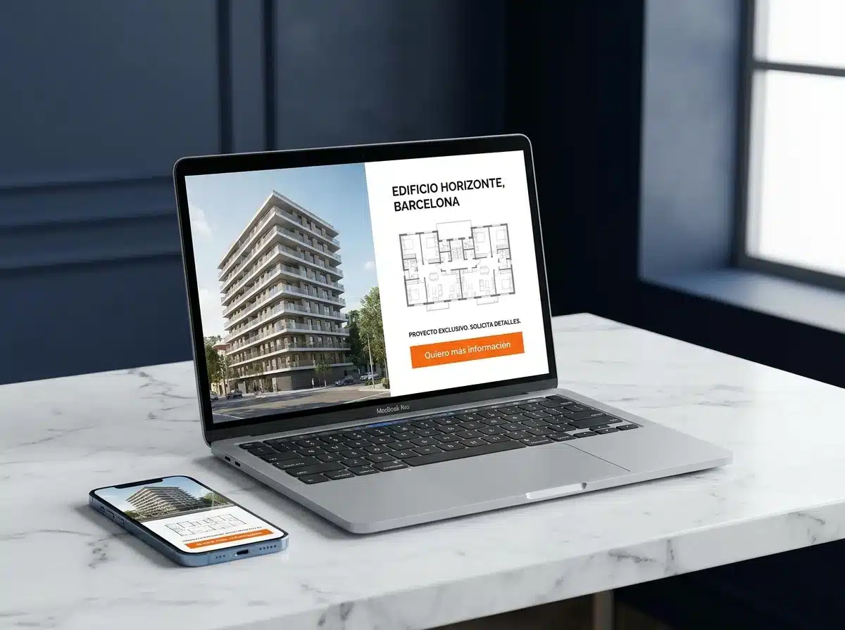 Ficha de un proyecto inmobiliario con render y formulario en una laptop y un celular