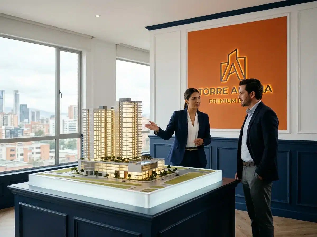 Sala de ventas inmobiliaria con la maqueta del proyecto y una asesora explicando a un cliente