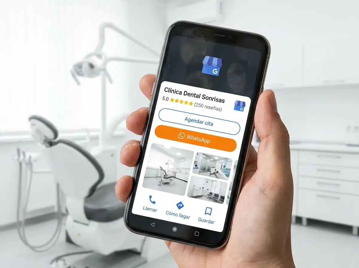 Ficha de Google de una clínica dental con reseñas y botón para agendar cita