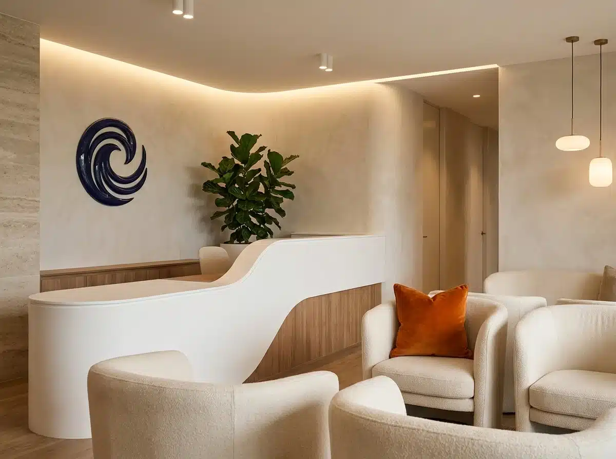 Recepción de una clínica dental de lujo con sala de espera elegante