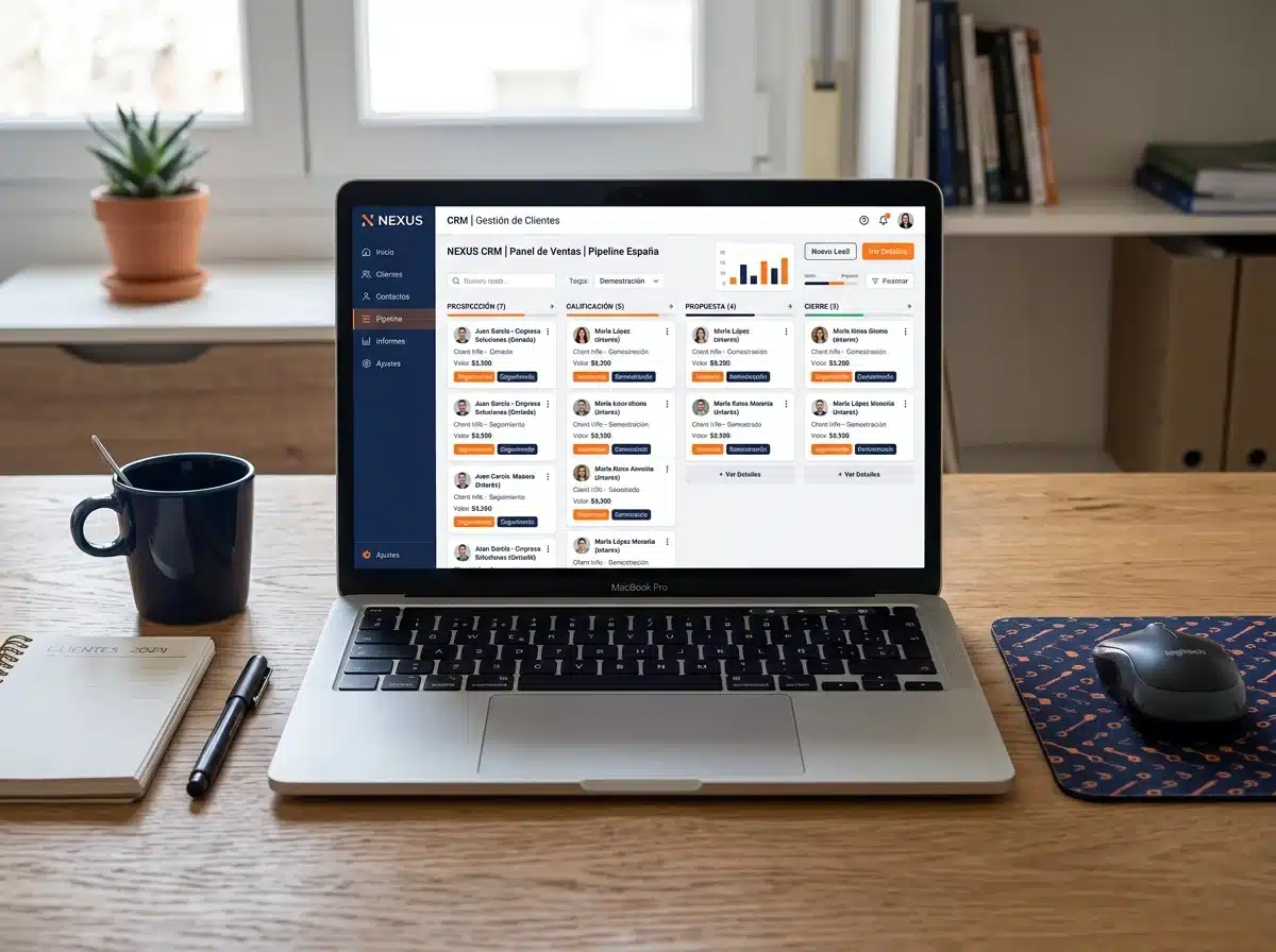 CRM con fichas de clientes organizadas por etapas en una laptop
