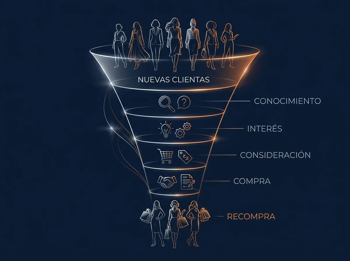 Embudo de ventas de Meta Ads para una marca de moda: nuevas clientas y recompra