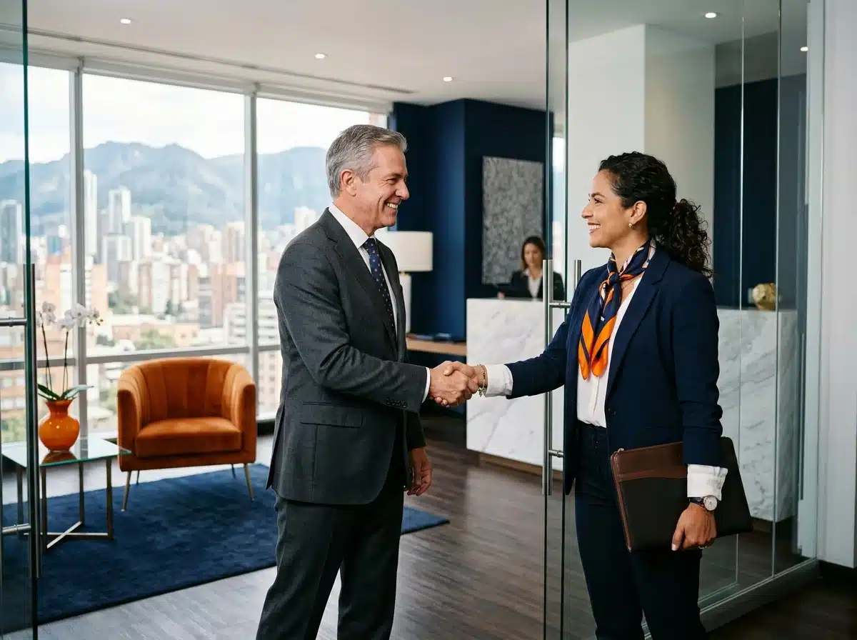 Profesional de servicios recibiendo a un cliente de alto valor en su oficina