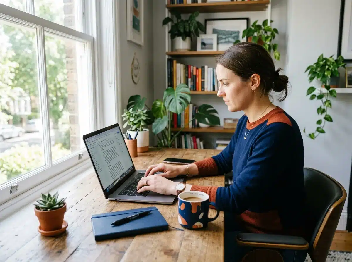Persona creando contenido de valor en una laptop para atraer enlaces