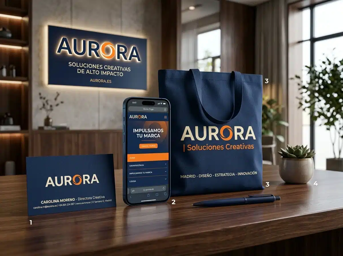 Una marca aplicada de forma coherente en tarjeta, celular, bolsa y letrero