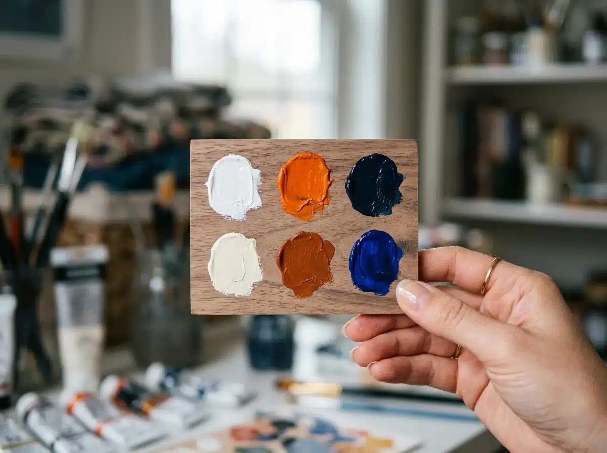 Paleta de color de marca en tonos naranja y azul navy sostenida en la mano