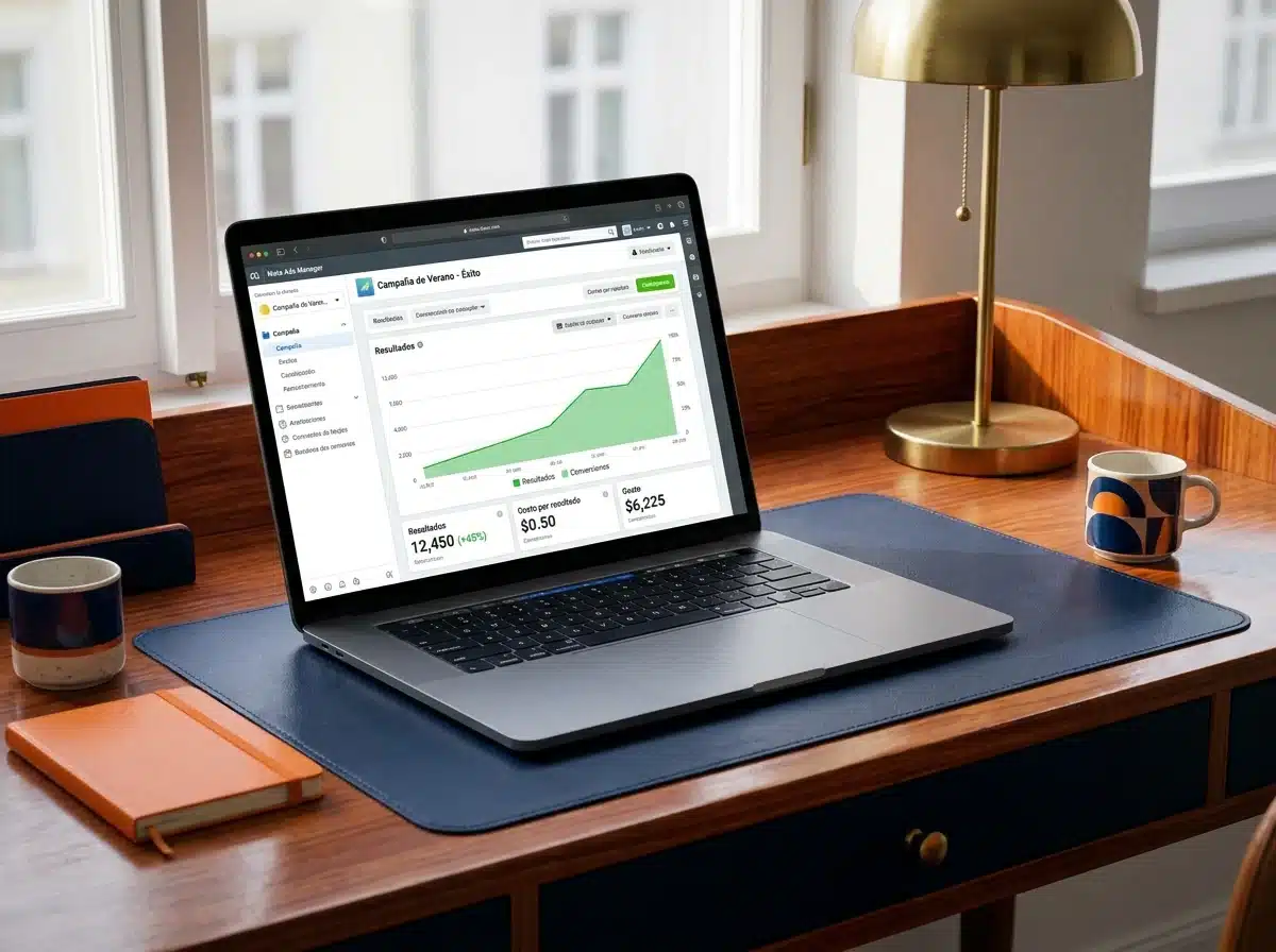 Administrador de anuncios de Meta en una laptop mostrando una campaña con buenos resultados