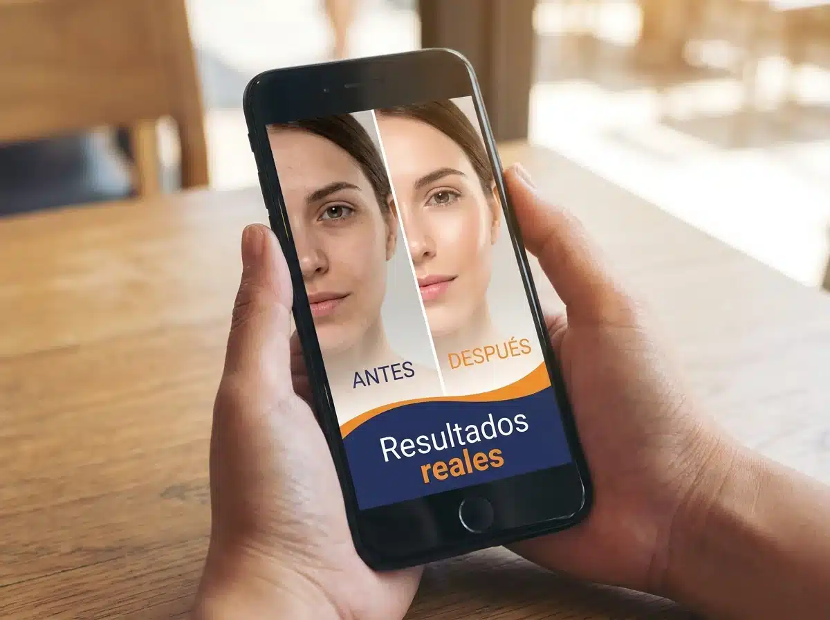 Anuncio de una clínica estética con antes y después sobrio en la pantalla de un celular