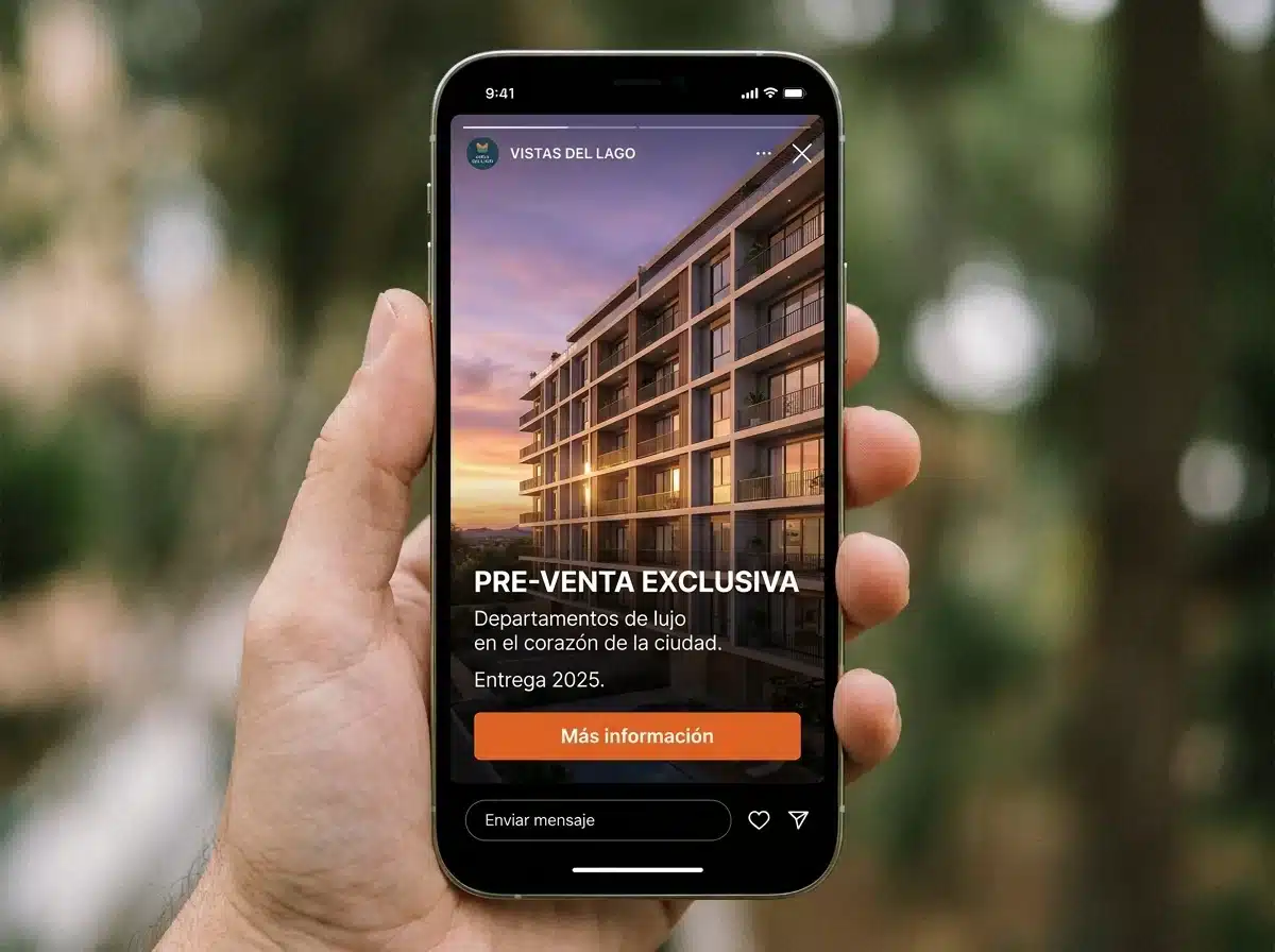 Anuncio de un proyecto inmobiliario en Instagram Stories con render y botón de más información