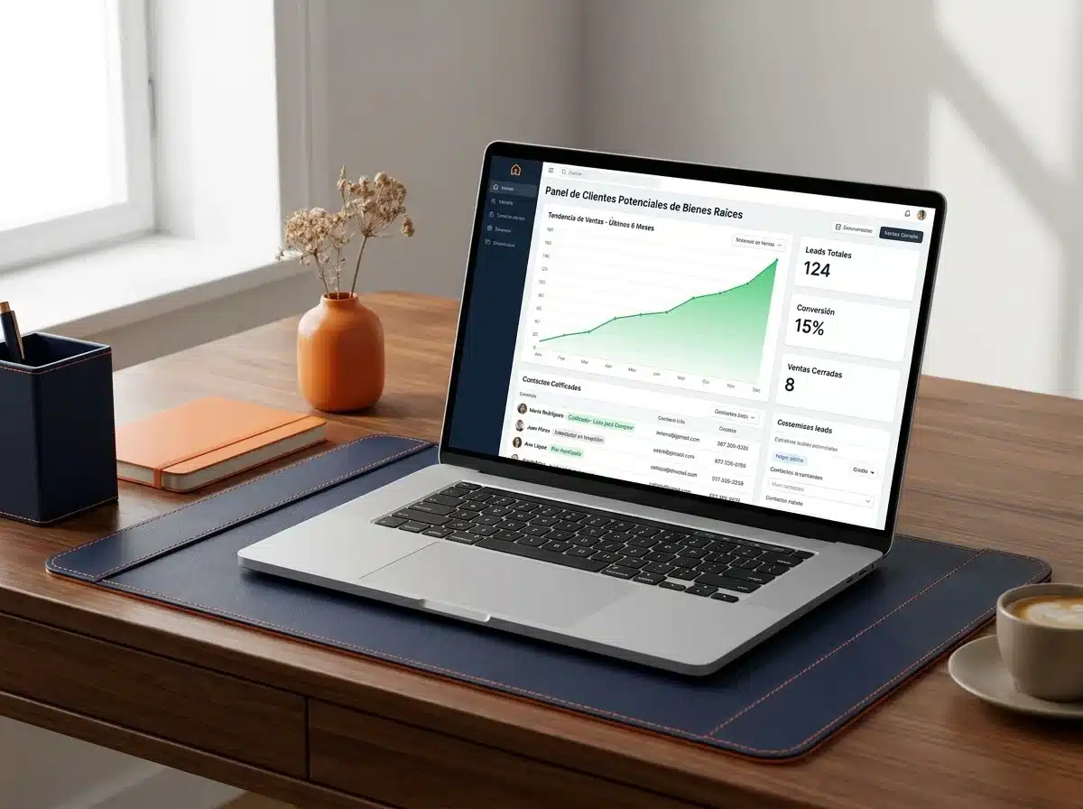 Panel de leads inmobiliarios calificados en una laptop