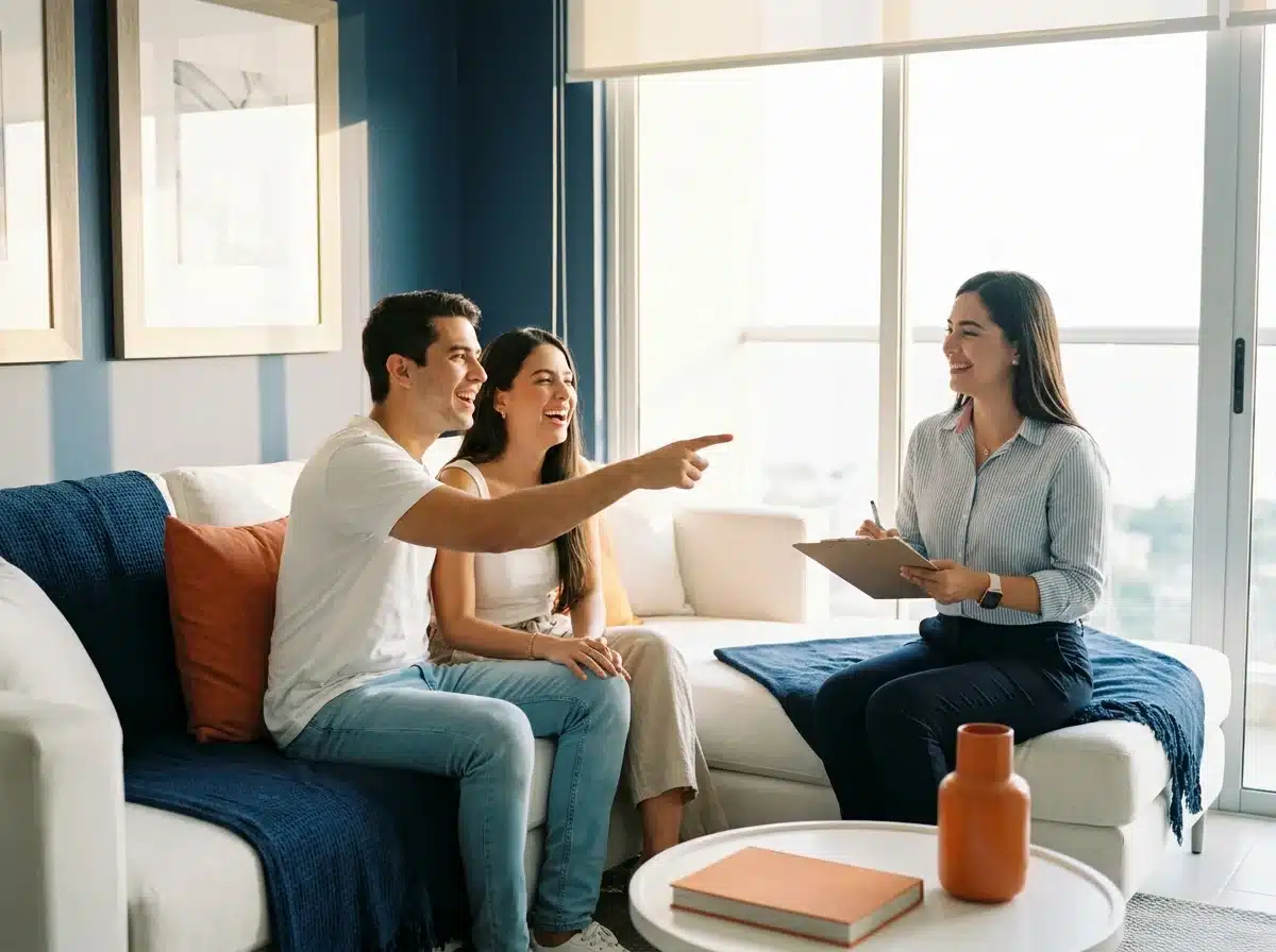 Pareja visitando un apartamento modelo mientras un asesor toma nota