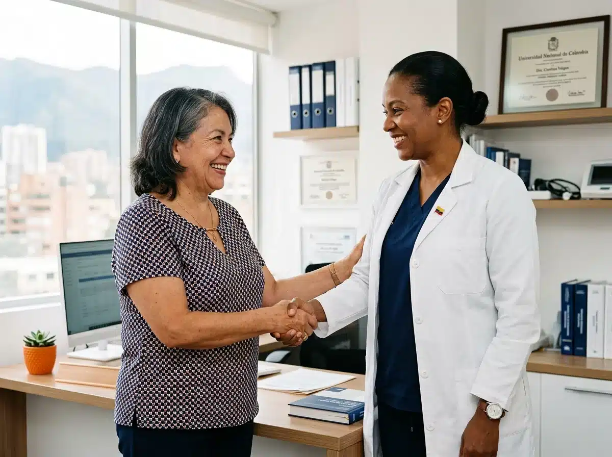 Especialista estrechando la mano de un paciente satisfecho en un consultorio