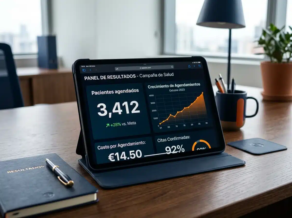 Panel de resultados de una campaña de Meta Ads con pacientes agendados en una tablet