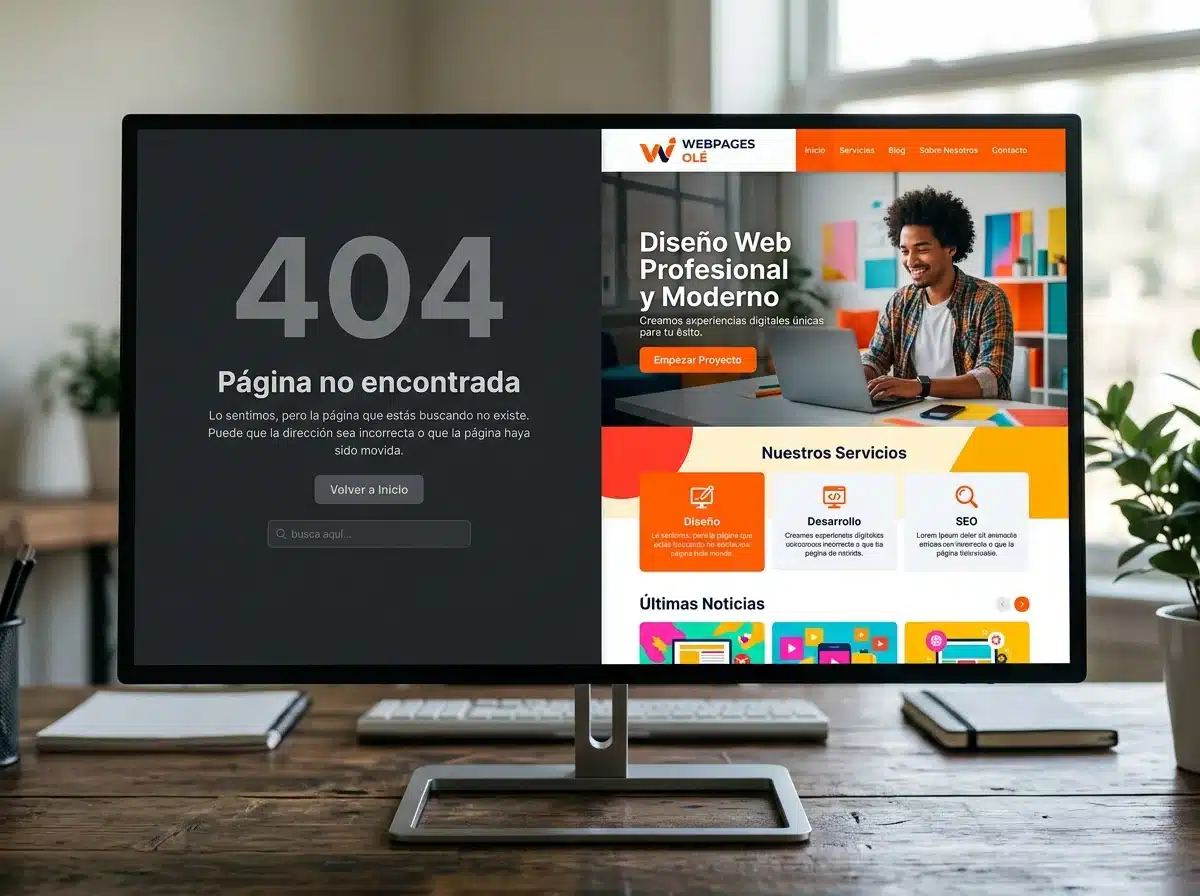 Comparación entre un error 404 y una web nueva funcionando