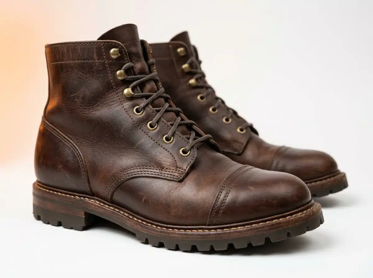 Foto de producto de catálogo de unas botas de cuero sobre fondo blanco