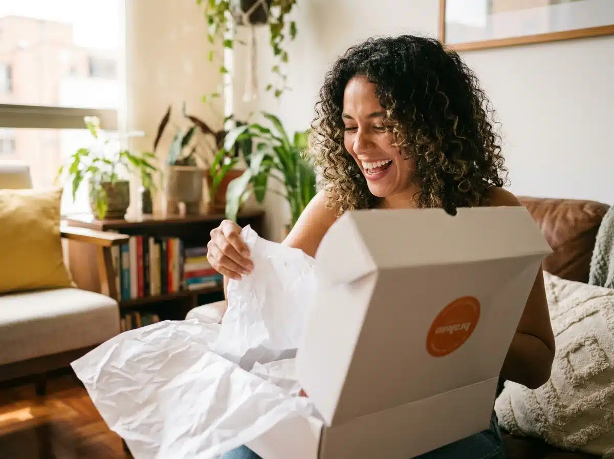 Clienta feliz abriendo un paquete de moda con empaque elegante