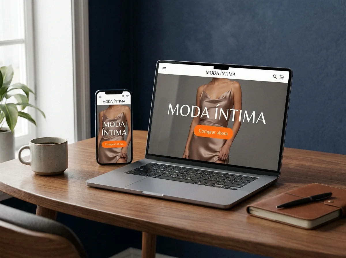 Tienda de moda online con botón de comprar vista en una laptop y un celular