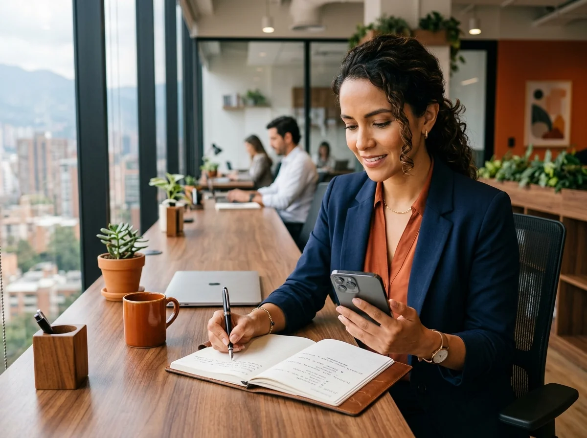 Persona organizando sus seguimientos de ventas en el celular y una libreta