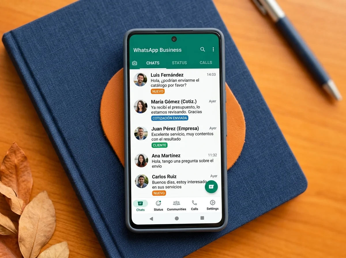 Pantalla de WhatsApp Business con catálogo y mensaje de bienvenida