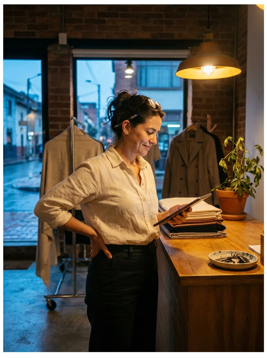 Dueña de una marca de moda en Bogotá revisando los resultados de su negocio al cierre del día