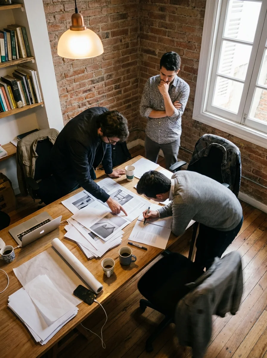 Equipo de Cangrejo Digital revisando sobre la mesa los datos y la estrategia de una empresa cliente