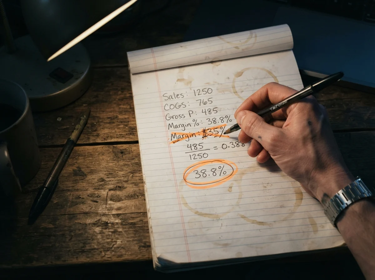 Cálculo del margen a mano en una libreta antes de decidir un descuento de precio