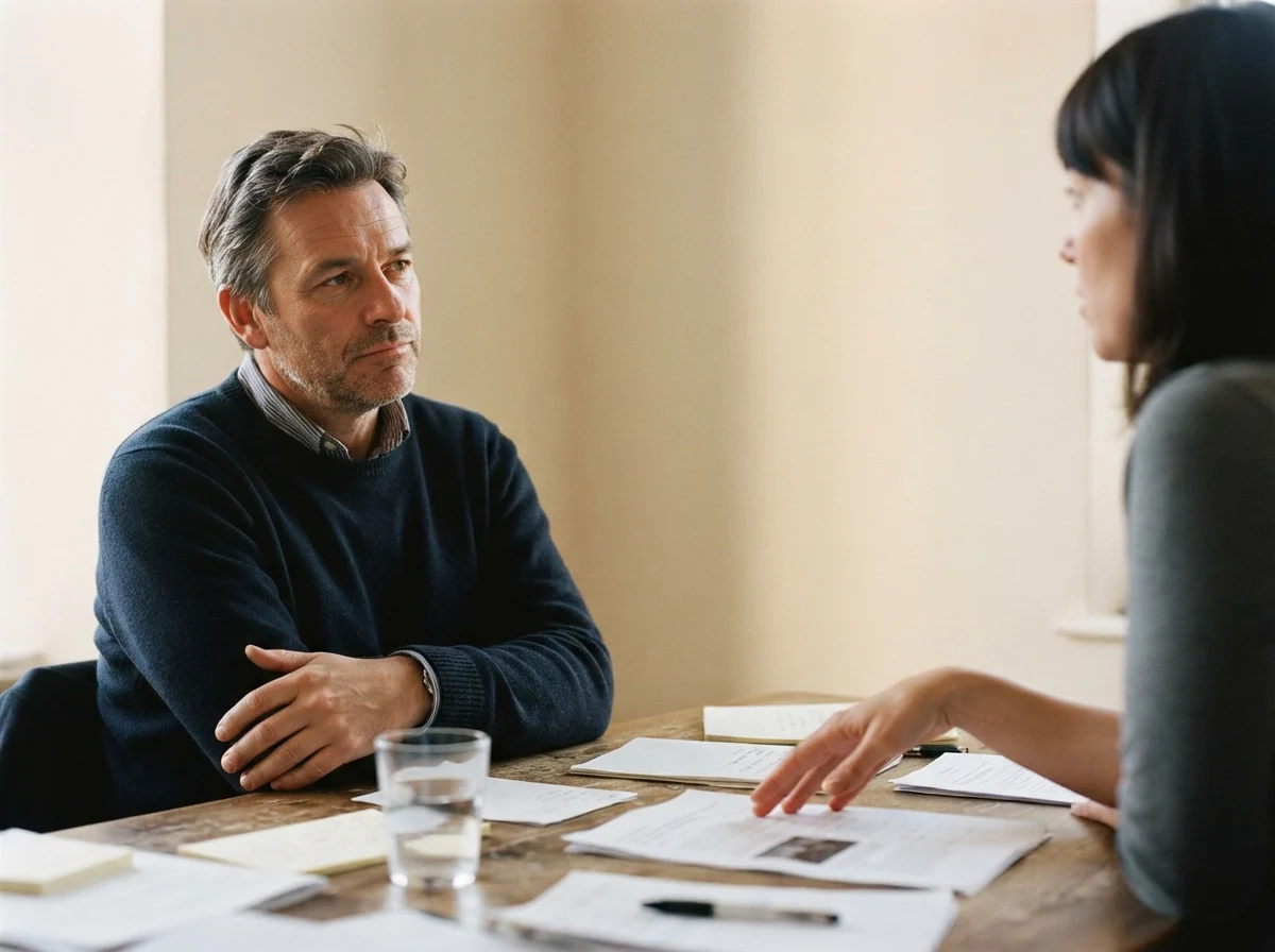 Negociación de precio entre un empresario y una clienta en una mesa de reuniones