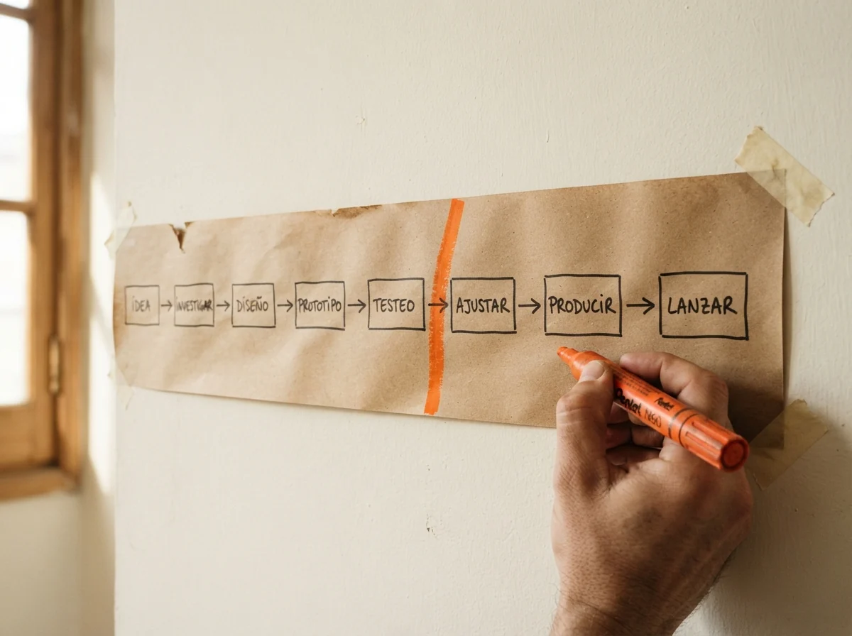 Cadena de conversión dibujada a mano en papel kraft con una marca naranja donde se corta el informe