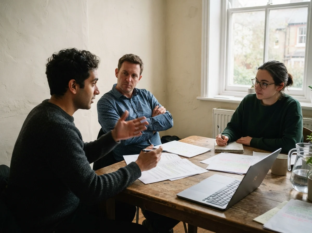 Reunión de resultados entre un empresario y su agencia de marketing revisando informes impresos