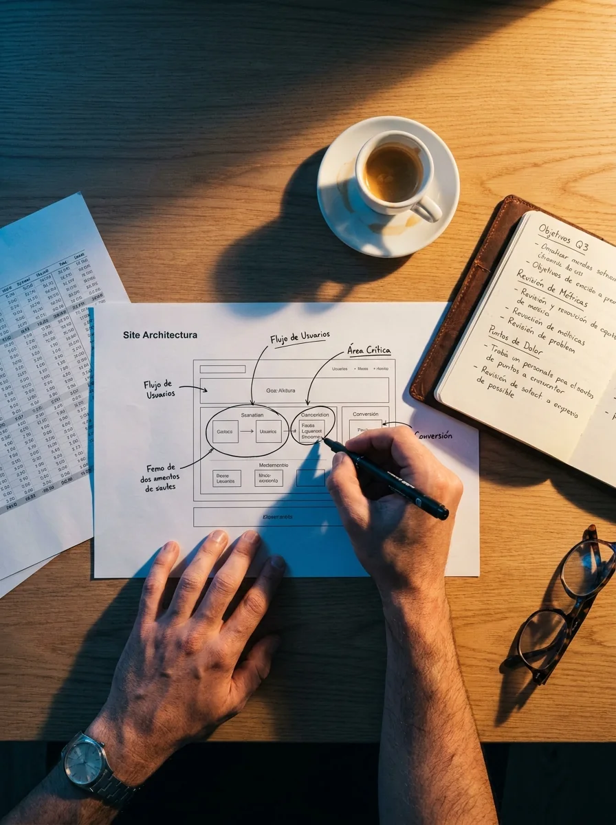 Arquitectura de un sitio web anotada a mano sobre la mesa de trabajo